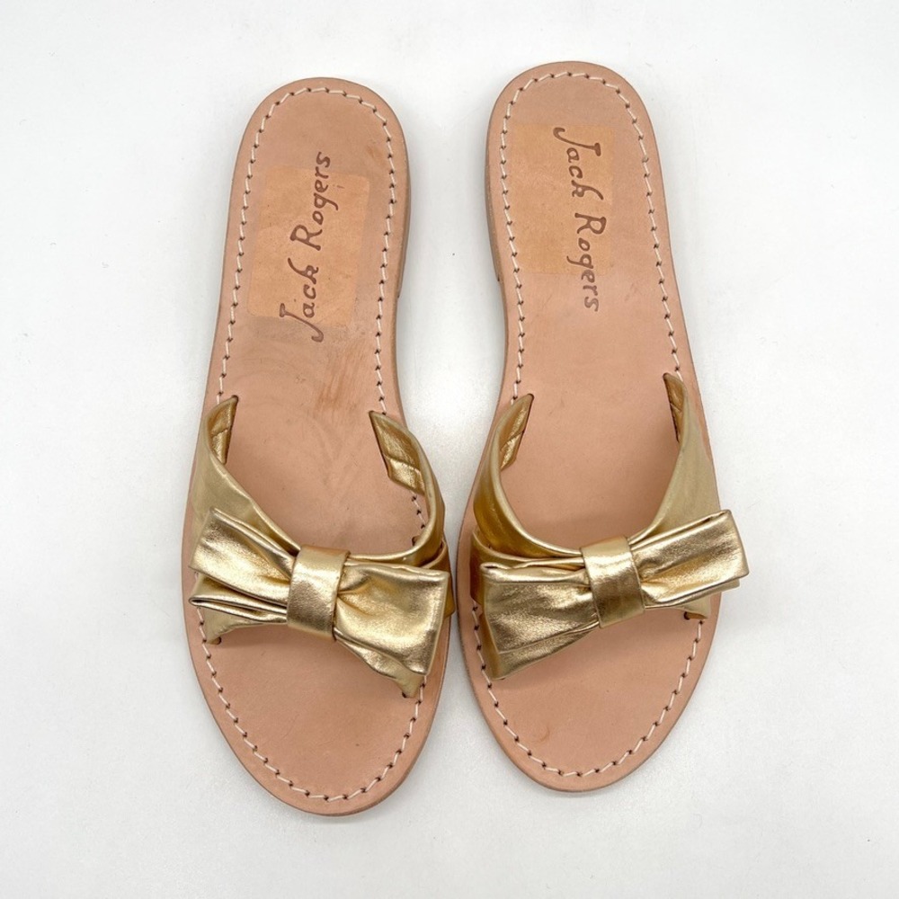 JACK ROGERS Brightly Bow Sandal Womens 8.5 Gold Nappa Leather Slip On Slide Flat - Picture 4 of 13